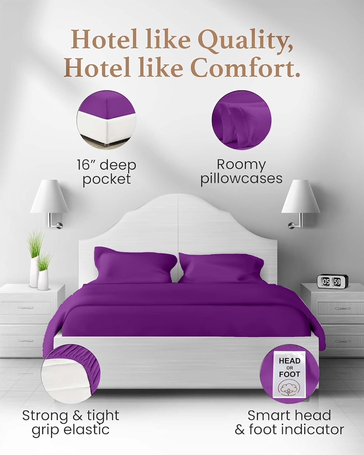 Good Sleep Bedding Queen Size Bed Set - Egyptian Cotton Sheets, 4 Pc Luxury Sateen Weave, Deep Pocket 16" - Purple