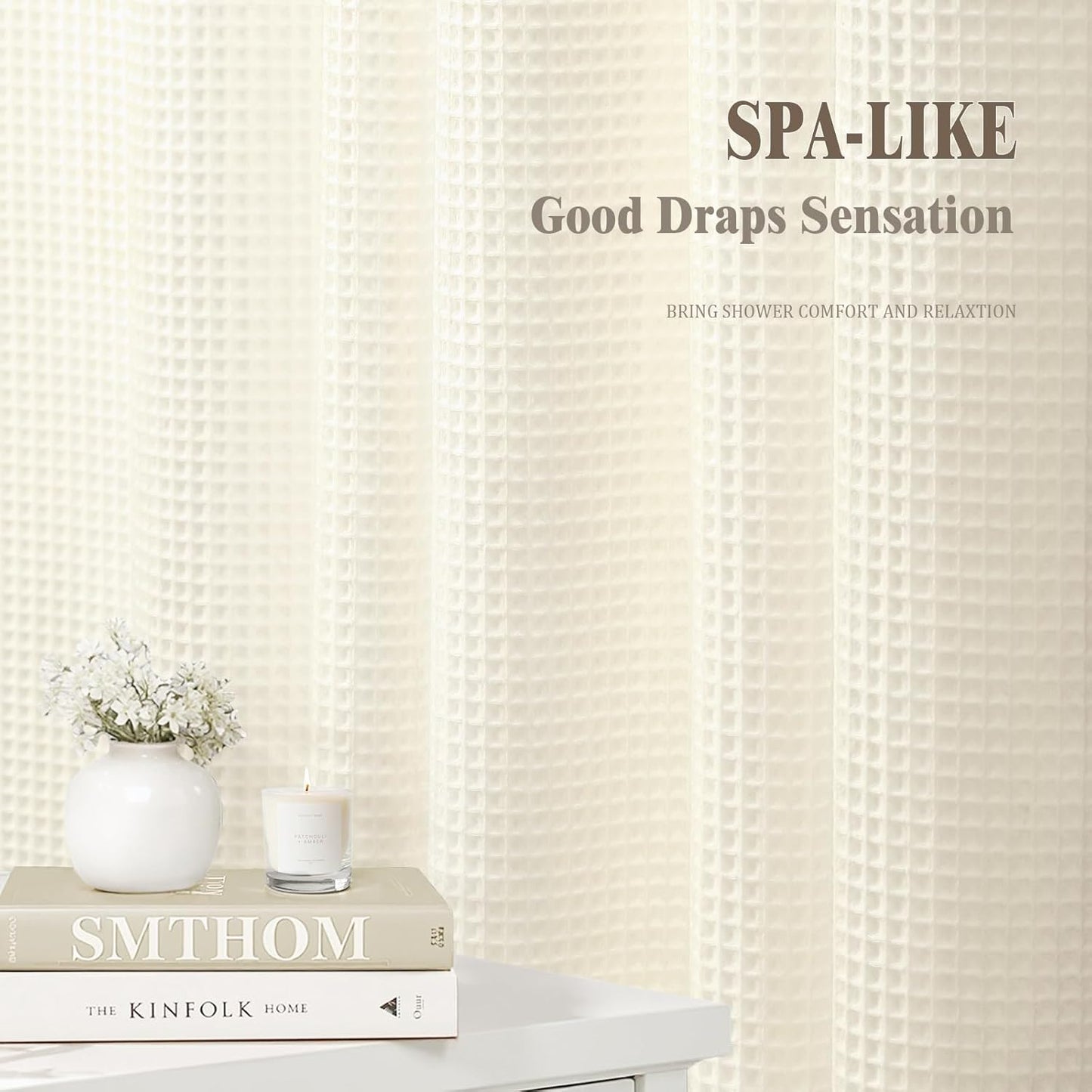 Extra Long Waffle Shower Curtain - Ivory Cotton Texture Fabric Heavyweight Shower Curtain for Bathroom,72Wx84L