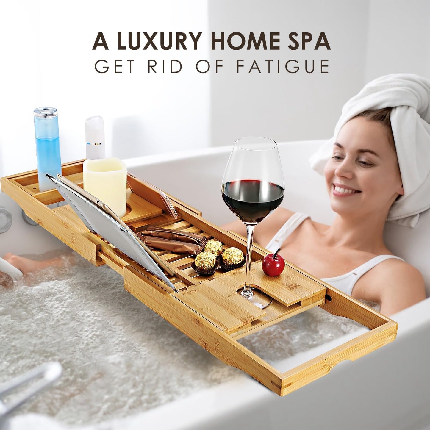 Premium Bamboo Bathtub Tray Caddy, Bath Tub Trays Table for Bathtub, Expandable Bath Caddy Tray, Bathtub & Bathroom Accessories for New Home, Anniversary and Wedding Gifts for Couple