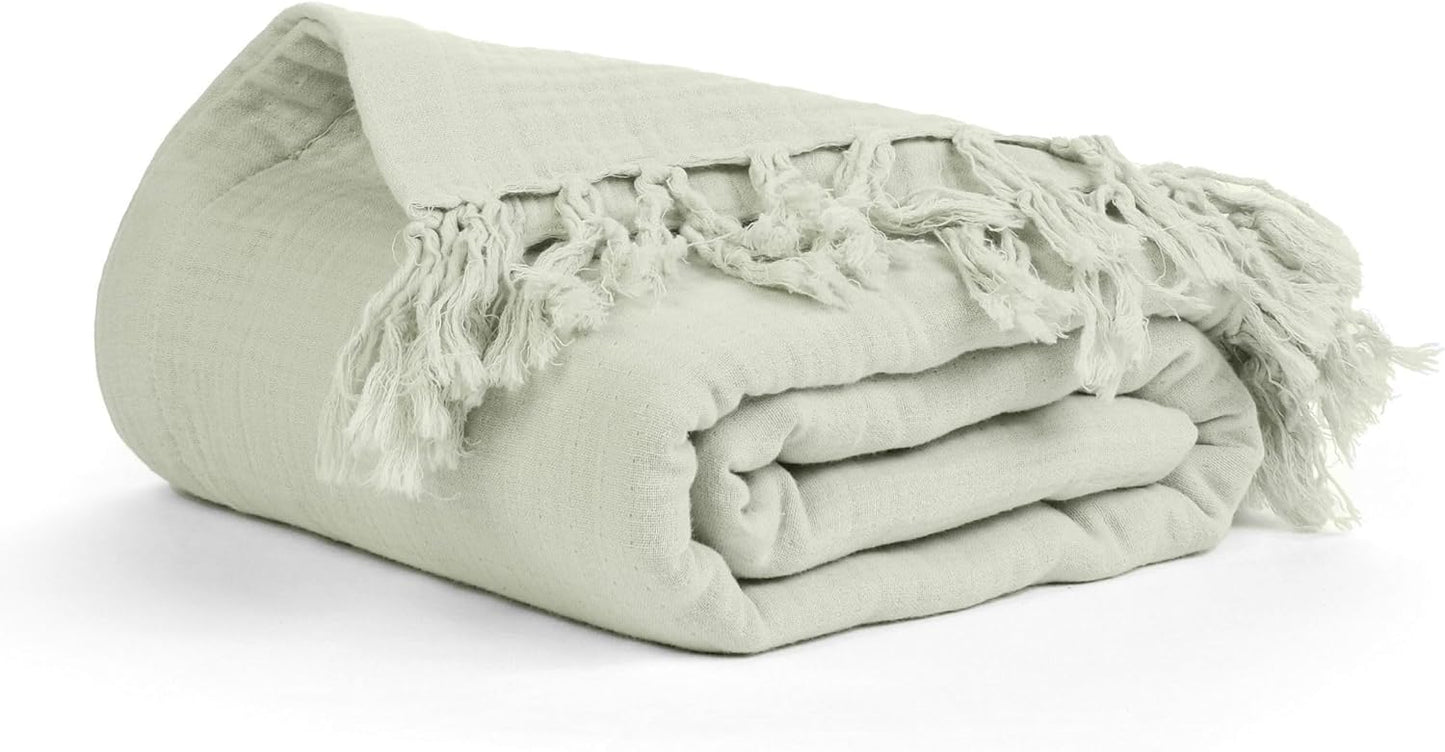 Salt Earth 100% Cotton Muslin Throw Blanket, Gauze Blanket 50"X60" Throw with Tassel 4 Layered for Couch, Bed, Living Room, Home, Lightweight & All Season Blankets & Throws, Skin Friendly (Sea Foam)