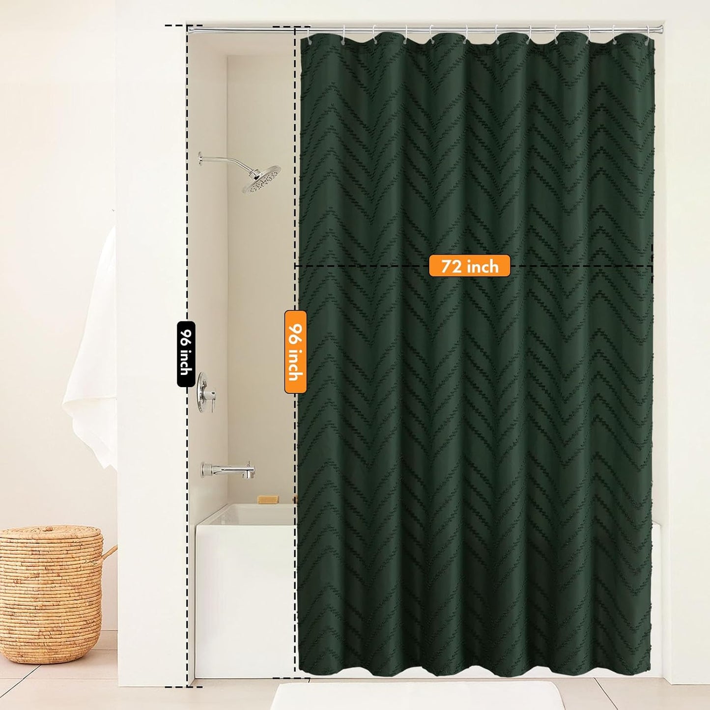 96inch Extra Long Dark Green Boho Shower Curtain Woven Fabric Shower Curtain Tufted Chervon Textured Shower Curtains Modern Minimalist Shower Curtains for Bathroom