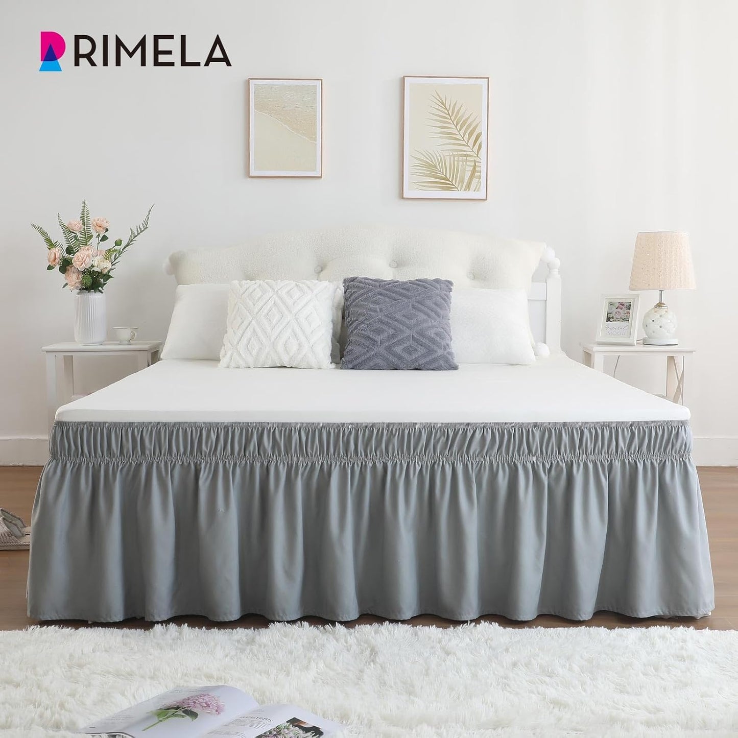 RIMELA Grey Queen Size Bed Skirt 15 Inch Drop,Elastic Bed Skirting, Light Gray Bedskirt for Adjustable Bed Base and Frame, Lightweight Wrap Around Dust Ruffle