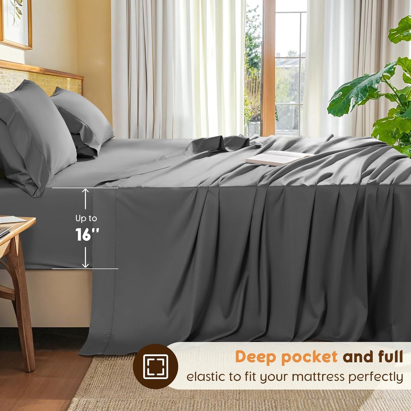 LBRO2M 100% Cotton Sheets Set King Size 600 Thread Count Sheet 4 Piece Sets Bed Sheet Deep Pocket Up to 16" Soft Comfortable All Season (King, Dark Gray)