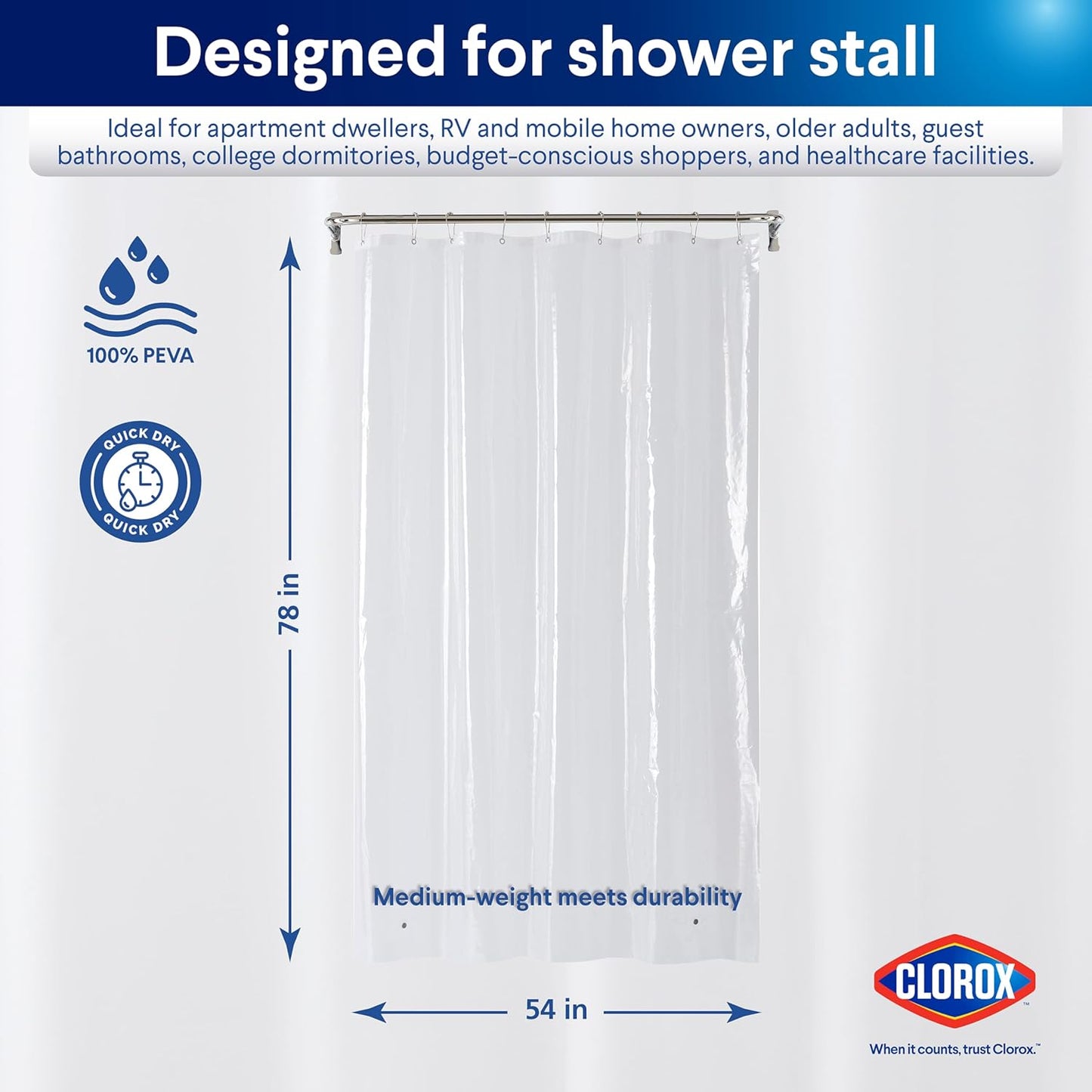 CLOROX Shower Curtain Liner, Premium Medium-Weight Durable Waterproof 6g PEVA for Bathroom with Weighted Magnets, Extra Long 54" x 78", Clear 1 Pack