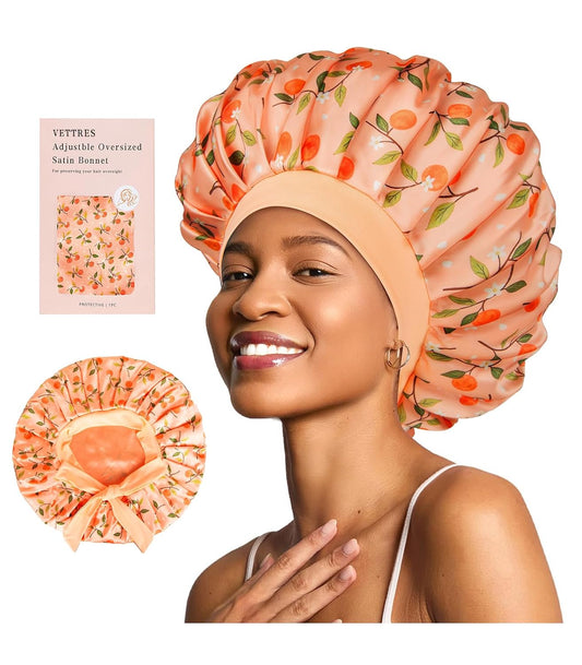 Floral Satin Bonnet For Sleeping Women Double Layer Pleated Design Adjustable Shower Cap For Curly Hair Orange