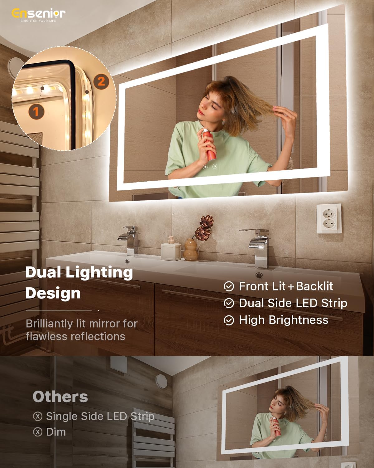 Ensenior LED Bathroom Mirror 60"x 36" with Front and Backlight, Stepless Dimmable Wall Mirrors with Anti-Fog, Shatter-Proof, Memory, 3 Colors, Modern LED Vanity Mirror-ETL & FCC