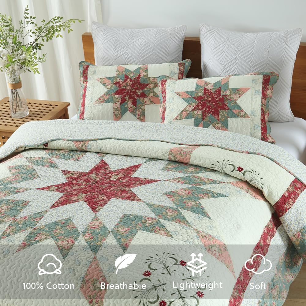 Cotton Bedspread Quilt Bedding Sets, 3 Pieces Reversible Coverlets Comforters Star with Red Floral Real Patchwork Bedspread,Queen Size