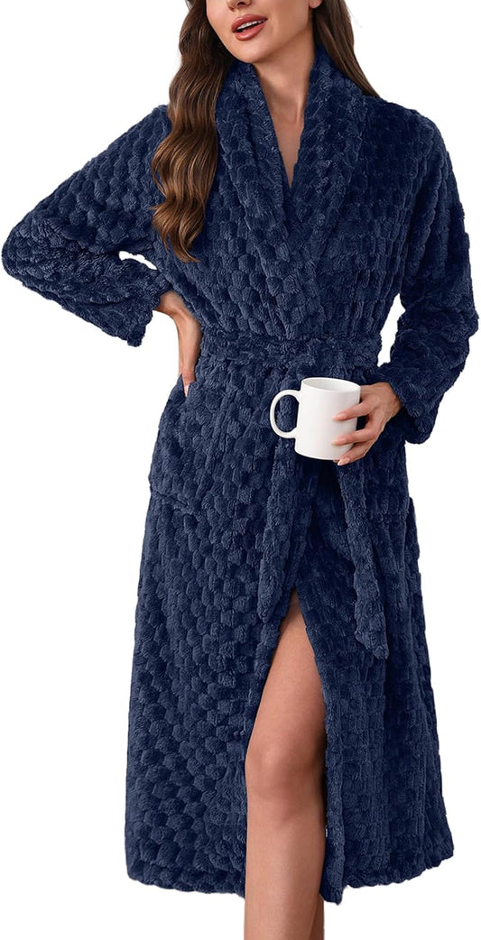 Ekouaer Women's Robe Long Plush Soft Bathrobe Jacquard Color Block Robes Shawl Collar Sleepwear with Pockets S-XXL