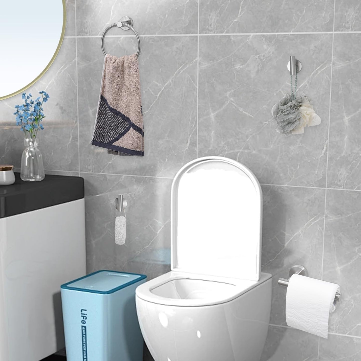 4 Piece Brushed Nickel Bathroom Hardware Set, Modern Towel Ring and Toilet Paper Holder Set,Wall Mounted, Durable SUS304 Stainless Steel Bathroom Accessories Set