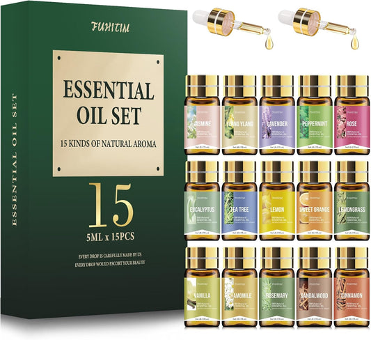 Essential Oils by FUHITIM,15 Pcs Essential Oil Set - for Diffuser, Massage, Fragrance Oil Scent for DIY Candle and Soap Making (15 * 5ML)