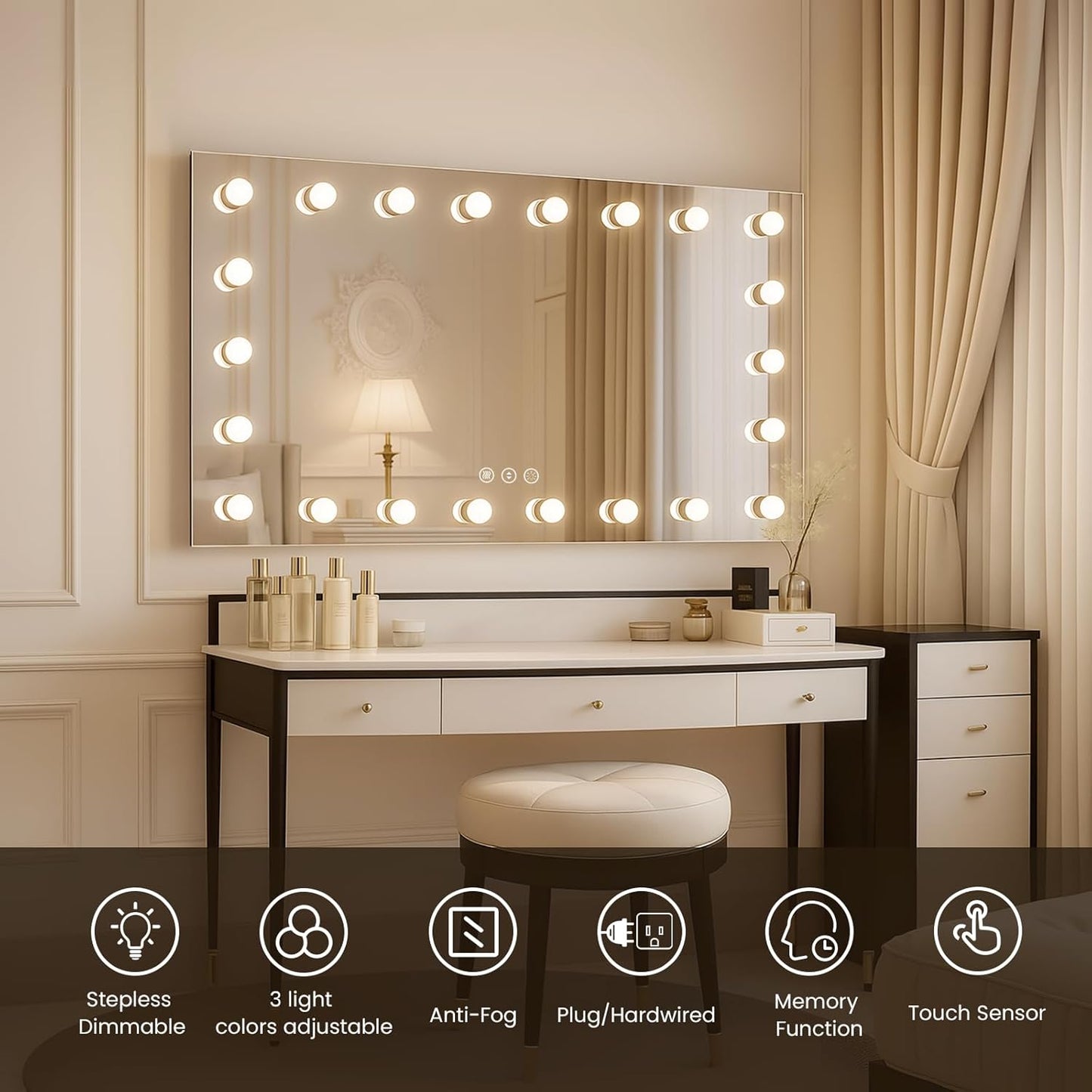 WTTY LED Bathroom Mirror with Lights 40"x24" Hollywood Wall-Mounted Mirror with 3 Color Temperatures, Stepless Dimmable Bulbs, Anti-Fog & Shatter-Proof