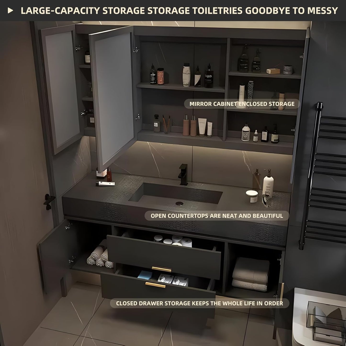 52" Floating Bathroom Vanity with Single Sink, Solid Wood Bathroom Vanity Includes LED Smart Defogging Mirror Cabinet & One-Piece Sink, Modern Vanities with Soft-Close Drawer Storage (Black)