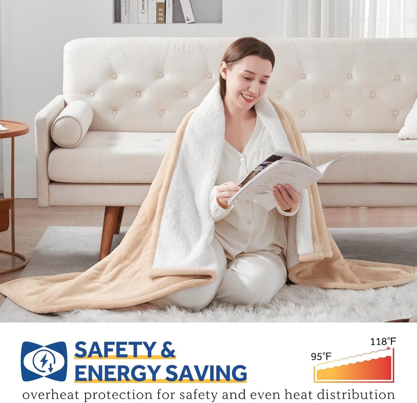 SEALY Heated Blanket Electric Throw, Flannel & Sherpa Heating Throw with 6 Heat Settings & 2-10 Hours Auto Shut Off, Fast Heating & ETL Certification, 50x60 Inch, Beige