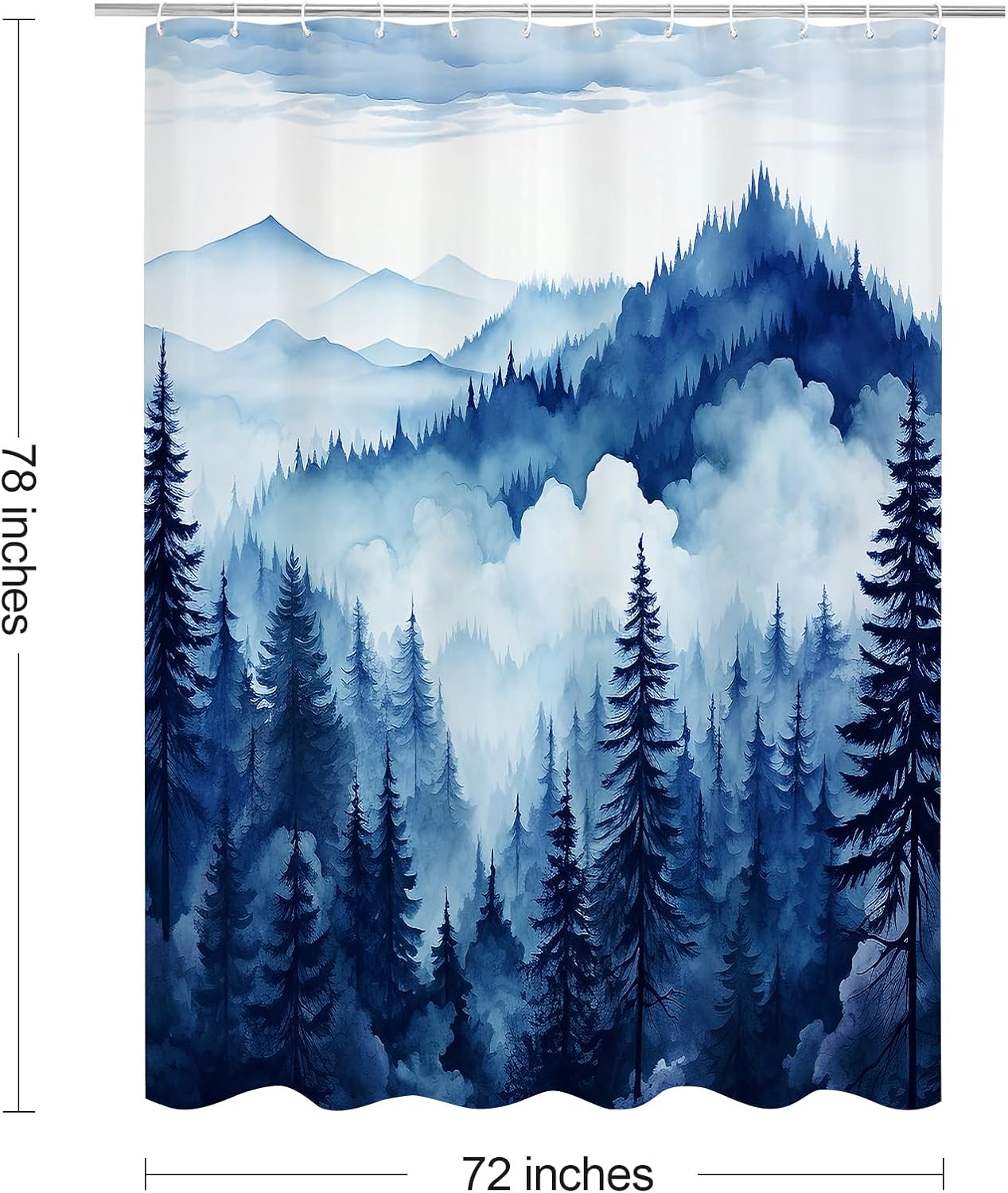 Navy Blue Long Misty Pine Forest Shower Curtain 72 x 78, Mountain Foggy Woodland Scenery Tree 78 Inch Long Shower Curtains for Bathroom, Abstract Waterproof Nature-Themed Decor