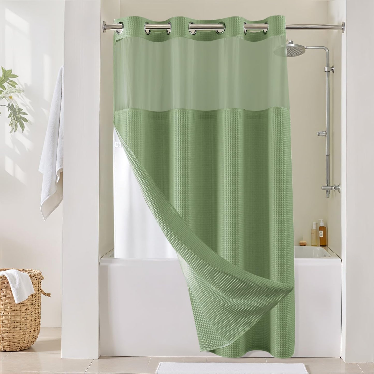 River Dream Sage Green Fabric Shower Curtain Set, Cotton Blend, Waffle Weave, with Snap in Replacement Liner，54 x 80 inches