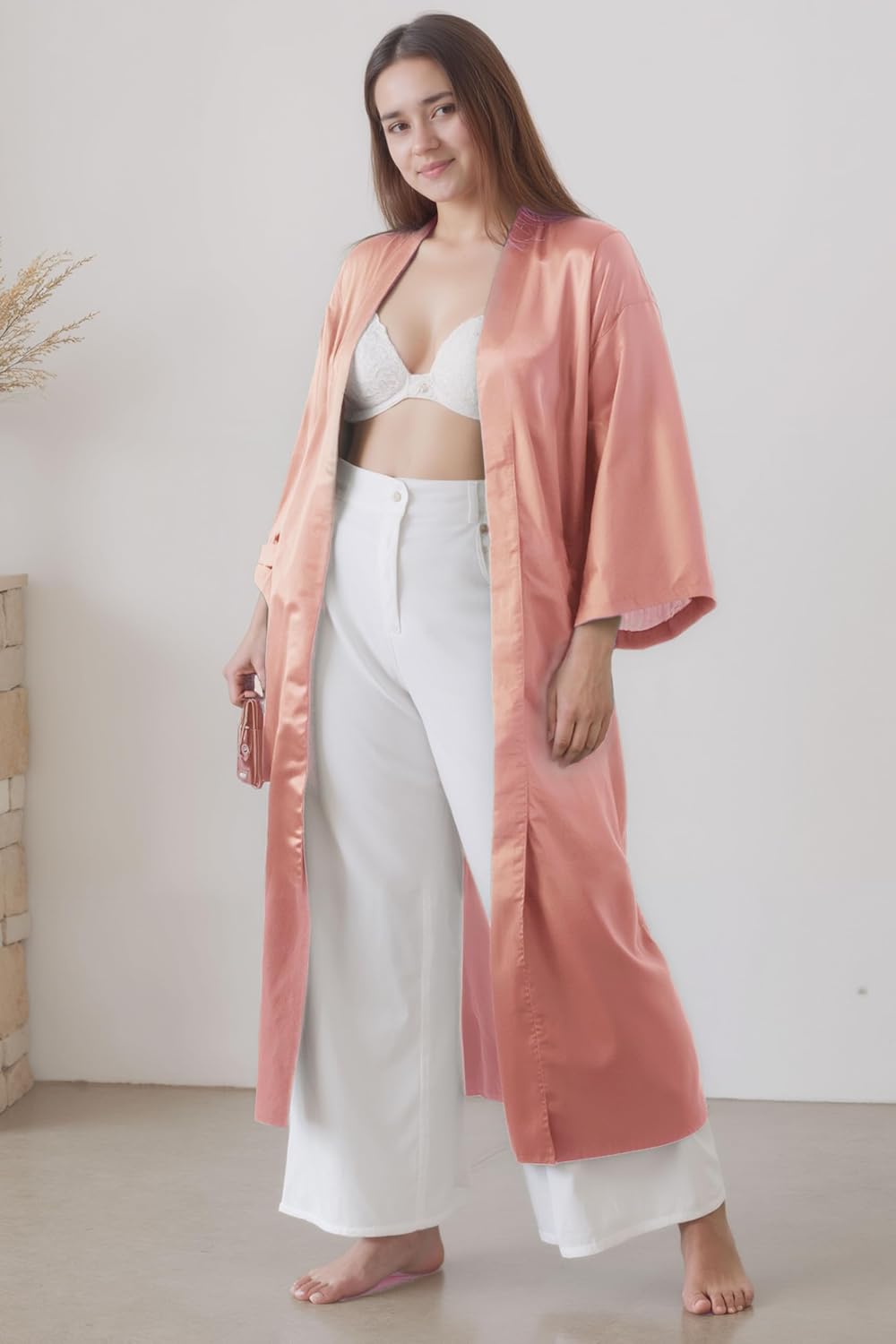 PRODESIGN Satin Kimono Robe Women Long Silky Kimono Bathrobe Sleepwear Wedding Bridesmaid Robe