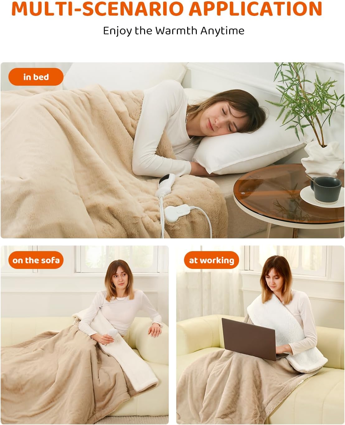 Electric Heated Blanket Throw Size, Faux Fur Throw Blanket, Super Soft Cozy Heating Blanket with 9 Heating Levels & 1-9 Hours Auto Off, Fast Heat & Overheat Protection, 50" x 60", Beige
