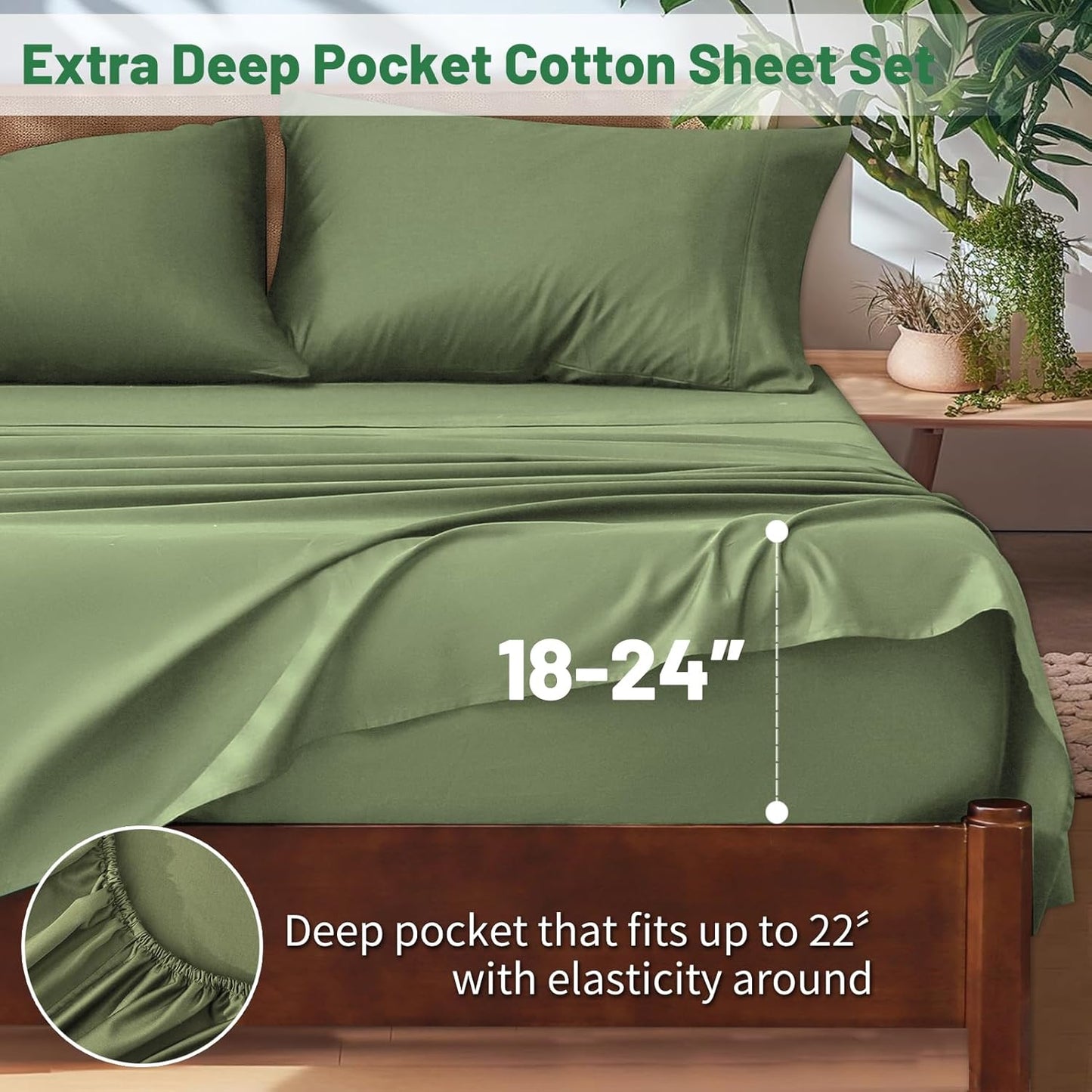 Extra Deep Pocket King Sheets 18-24 Inch 1000 Thread Count 100% Egyptian Cotton Sateen Weave Soft Breathable 4 Pieces（King，Olive Green）