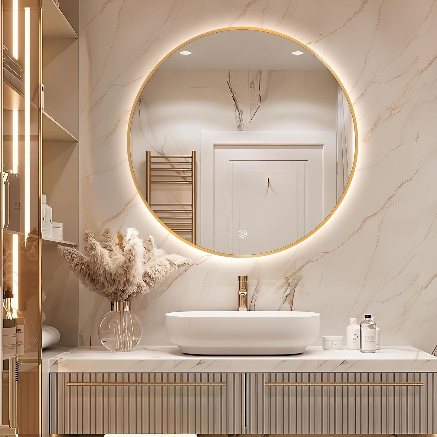 Niccy 24" LED Backlit Round Mirror for Bathroom, Gold Framed Vanity Light Wall Mirror LED Smart Circle Mirrors with 3 Lighting Colors, Dimmable Lighted Mirror with Anti-Fog, IP65 Waterproof