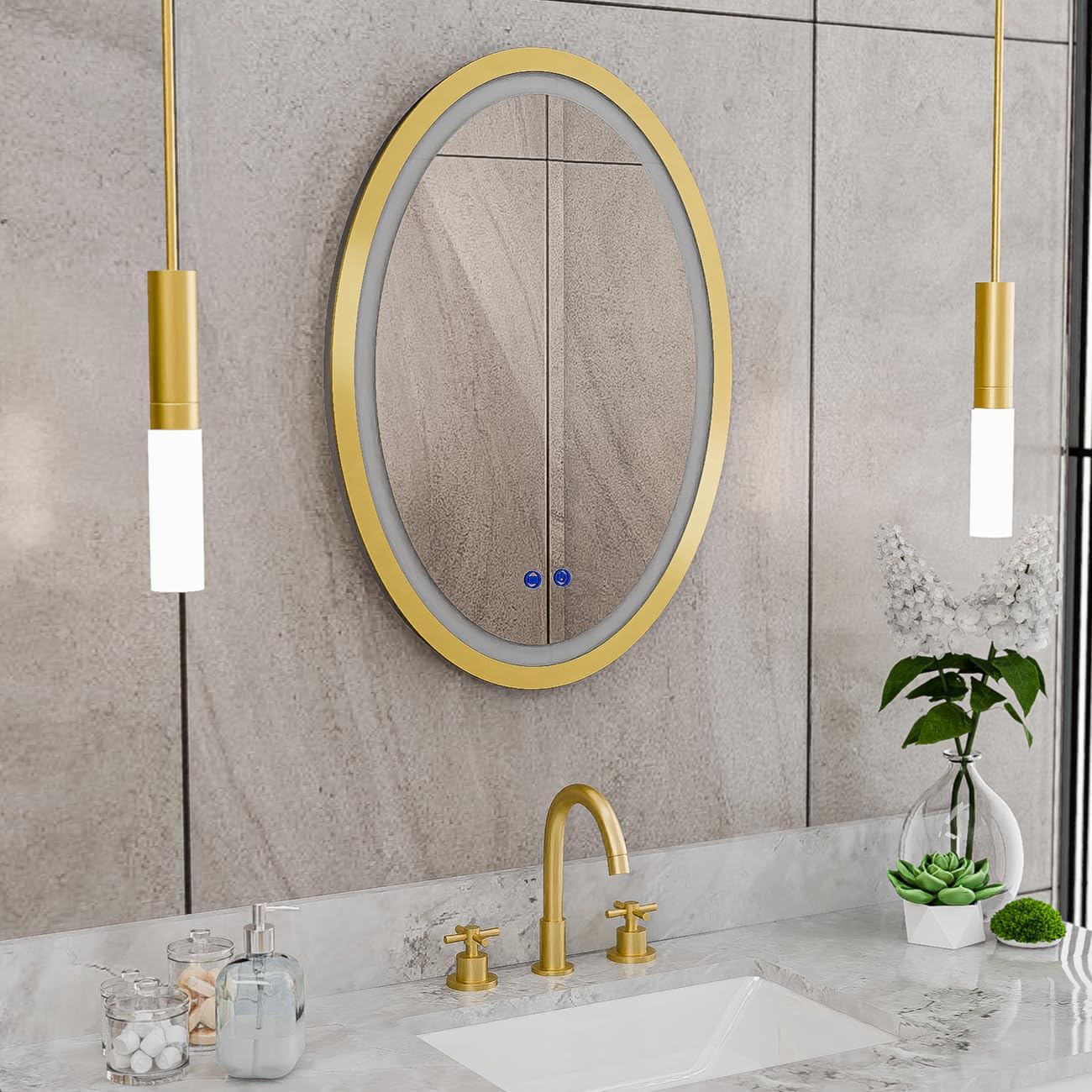 DreamLine Brilliance 28 in. H x 20 in. W Oval Light-up Mirror, Brushed Brass