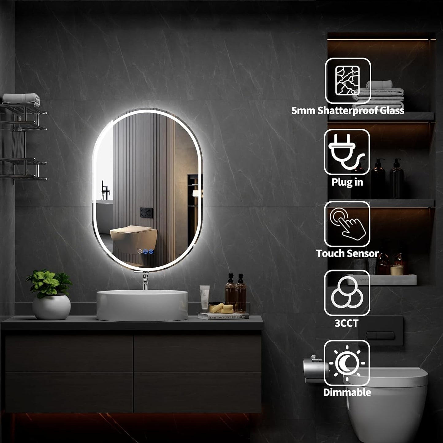 Bathroom Mirror 26"x42" LED Bathroom Mirror with Lights, Anti-Fog, Dimmable Oval Mirrors with Front Light and Backlit, Modern Farmhouse Wall Mounted Mirror for Decorative
