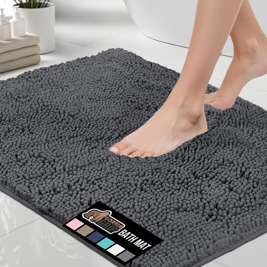 GORILLA GRIP Bath Rug Mat, Soft Absorbent Chenille, Quick Dry Microfiber Mats, Rubber Backing Washable Shower Floor Rugs, Bathmat Runner, US Designed Bathroom Home Decor Accessories 24x17, Charcoal