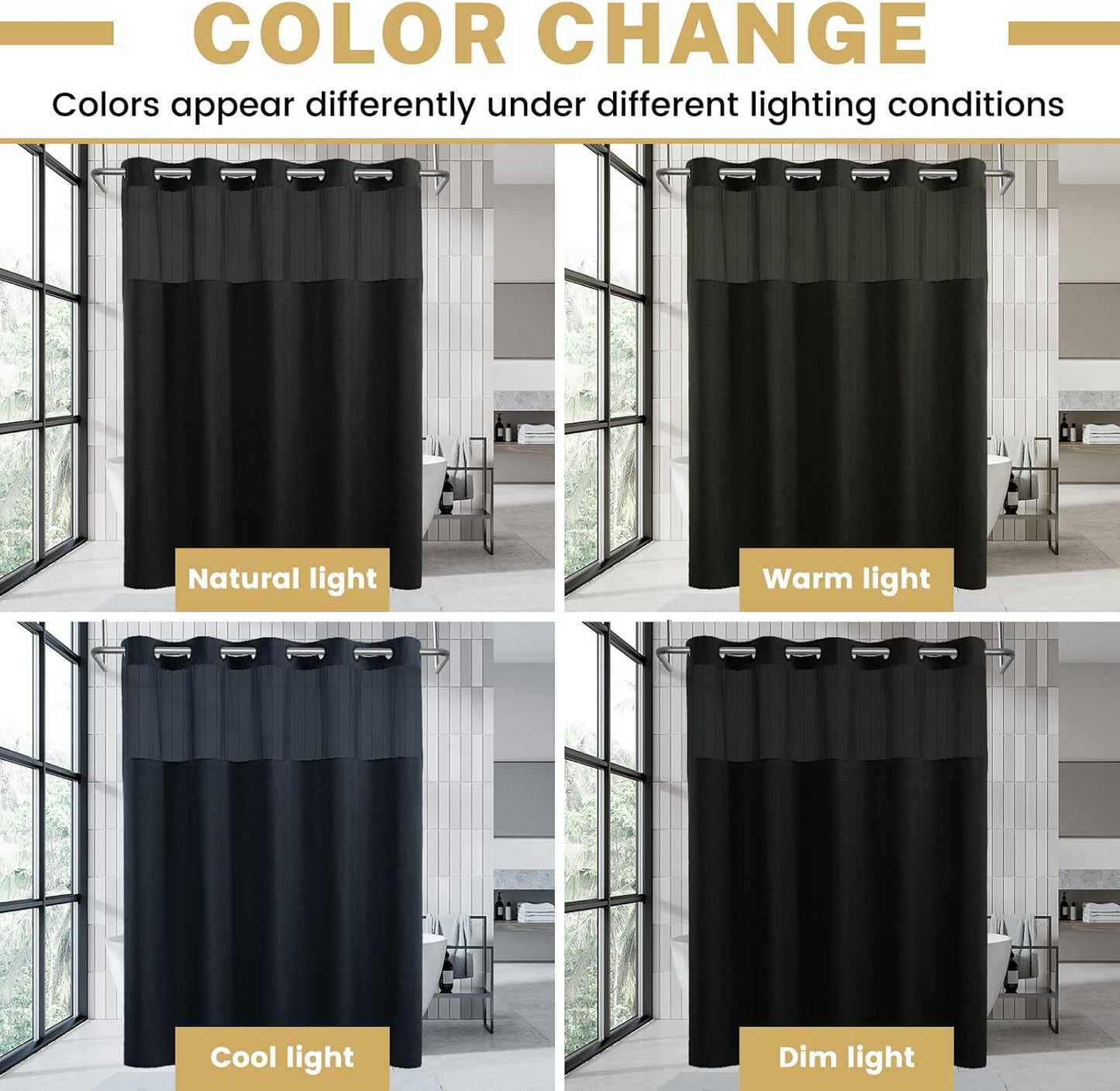 Small No Hook Shower Curtain with Snap in Liner, Polyester Textured Shower Curtain with Liner Set, Waterproof Washable Hotel Style Shower Curtains for Bathroom, 54Wx80H, Black