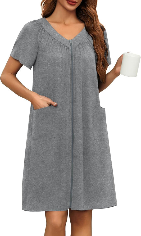 Ekouaer Women Robe Zipper Front Mumu Duster Robes Zip Up Housecoat Soft Sleepwear with Pockets S-3XL
