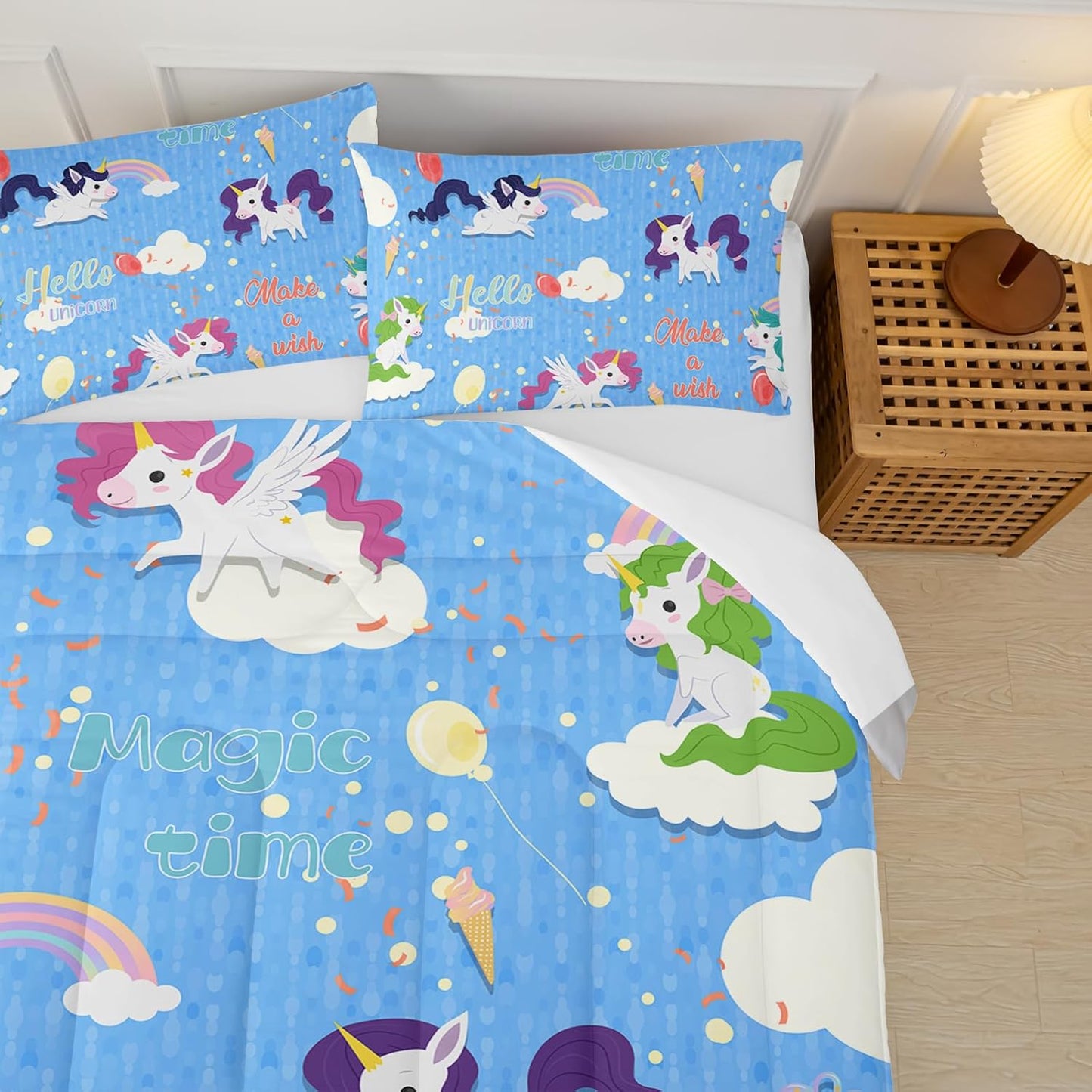 Unicorn Comforter Set Queen Size,Rainbow Kids Comforter Set,3Pcs Bedding Set Printed Comforter with 2 Pillowcases,Down Alternative,Soft and Lightweight,for All Seasons