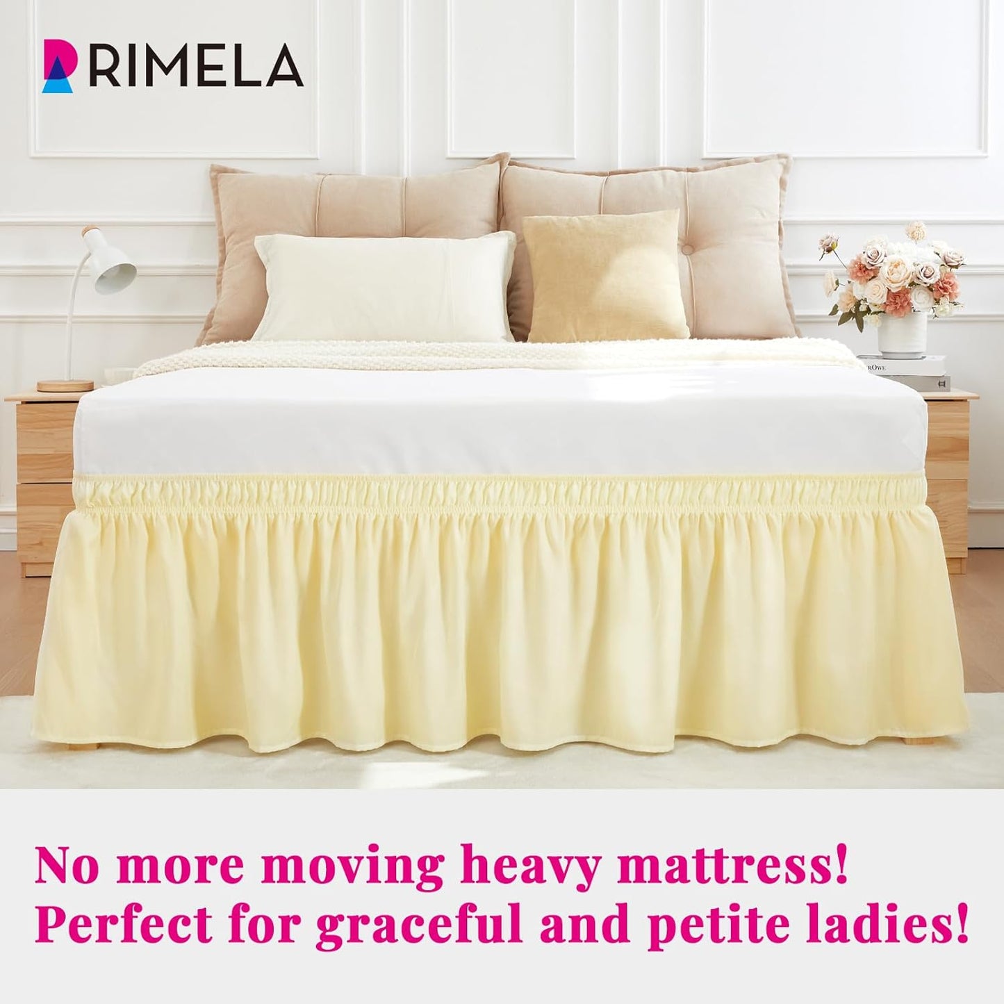 RIMELA Bed Skirt Queen Size 12 Inch Drop, Wrap Around Elastic Bedskirt Solid Microfiber Luxury Hotel Quality Fabric, Easy to Install Machine Washable Wrinkle & Fade Resistant, Beige Yellow