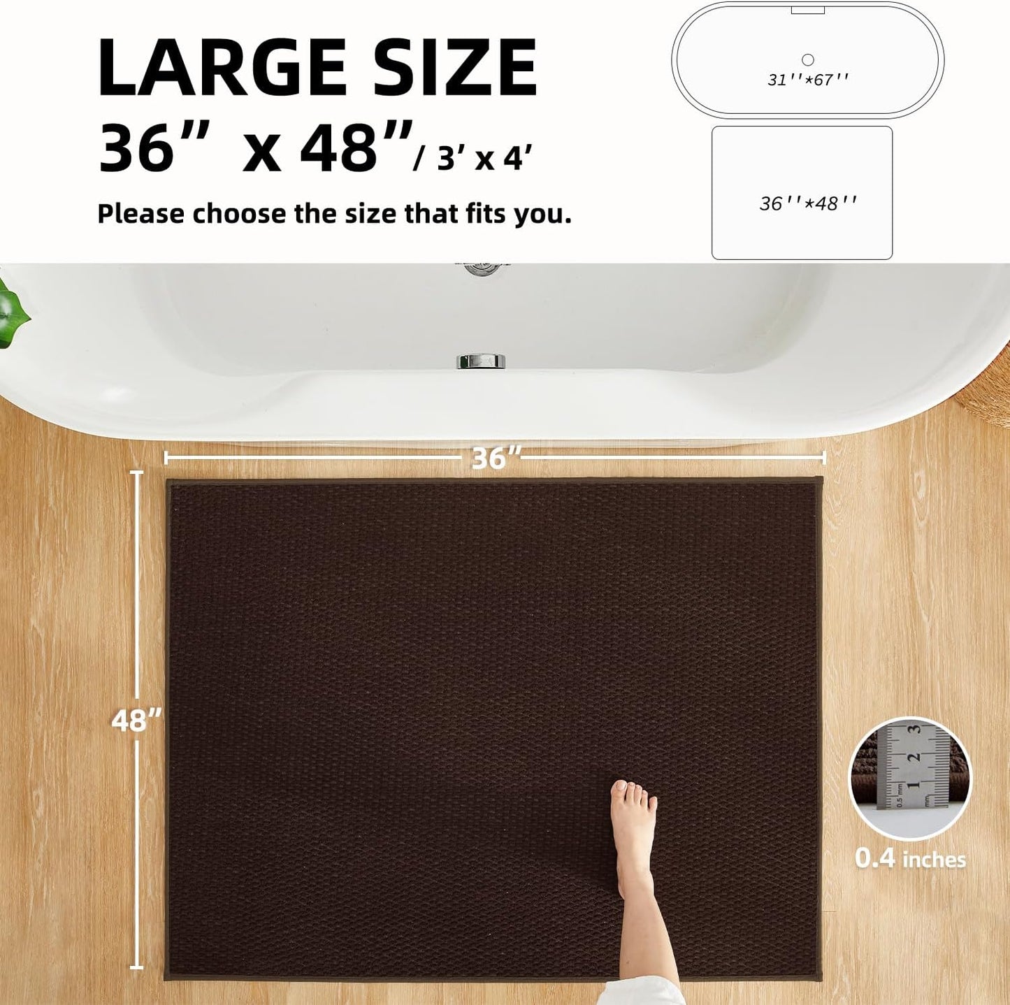 Large Bathroom Rugs Non Slip Washable Bath Rugs Super Absorbent Bathroom Rug Thin Quick Dry Low Pile Bath Mats, Brown 36"x48"