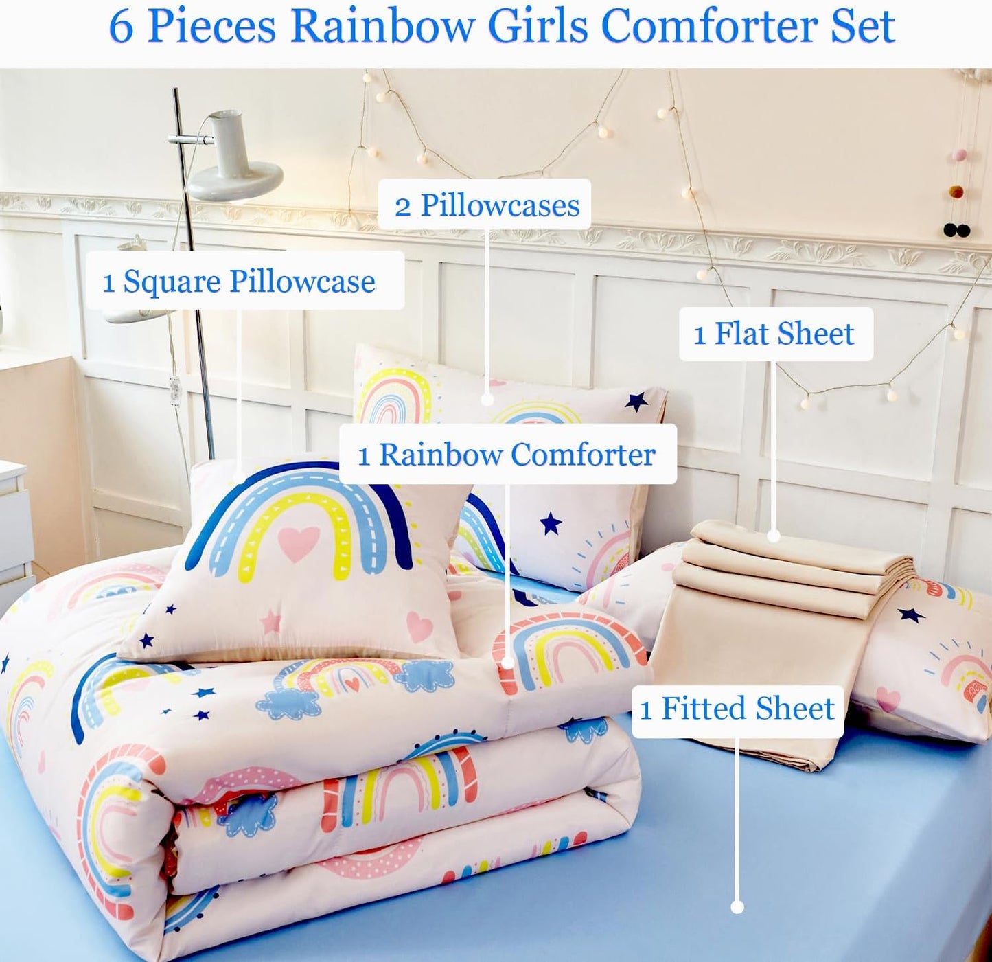 ANGIYUIN 6Pcs Beige Rainbow Queen Comforter Set Cartoon Rainbow Love Hearts and Stars Girl Bedding Set for Kids Girls Cute Soft Kid Bed in A Bag with Rainbow Comforter, Sheets, Pillowcases