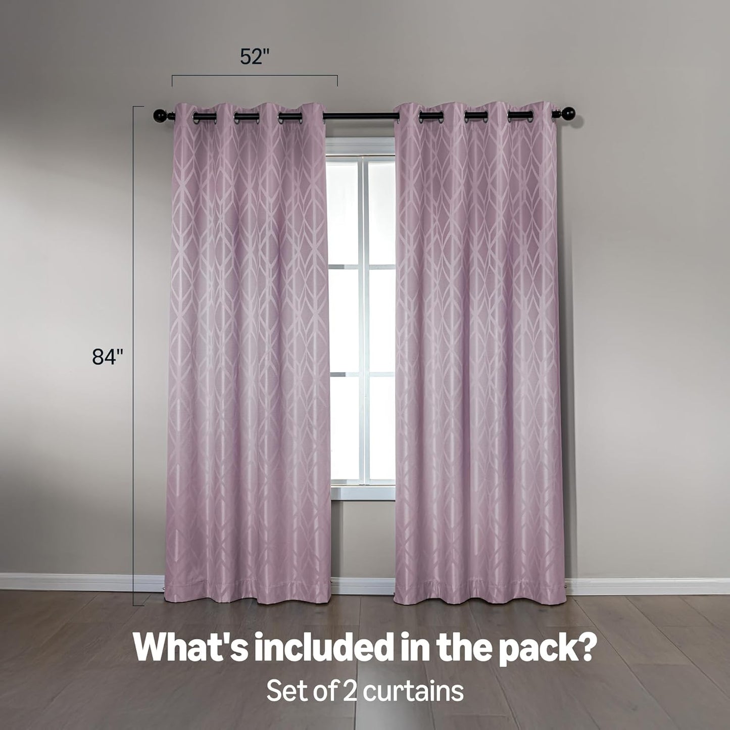 Amazon Basics Jacquard 2-Piece 100% Blackout Curtains, Living Room and Bedroom Drapes, Thermal Insulated Window Treatment, 52"x84", Pink