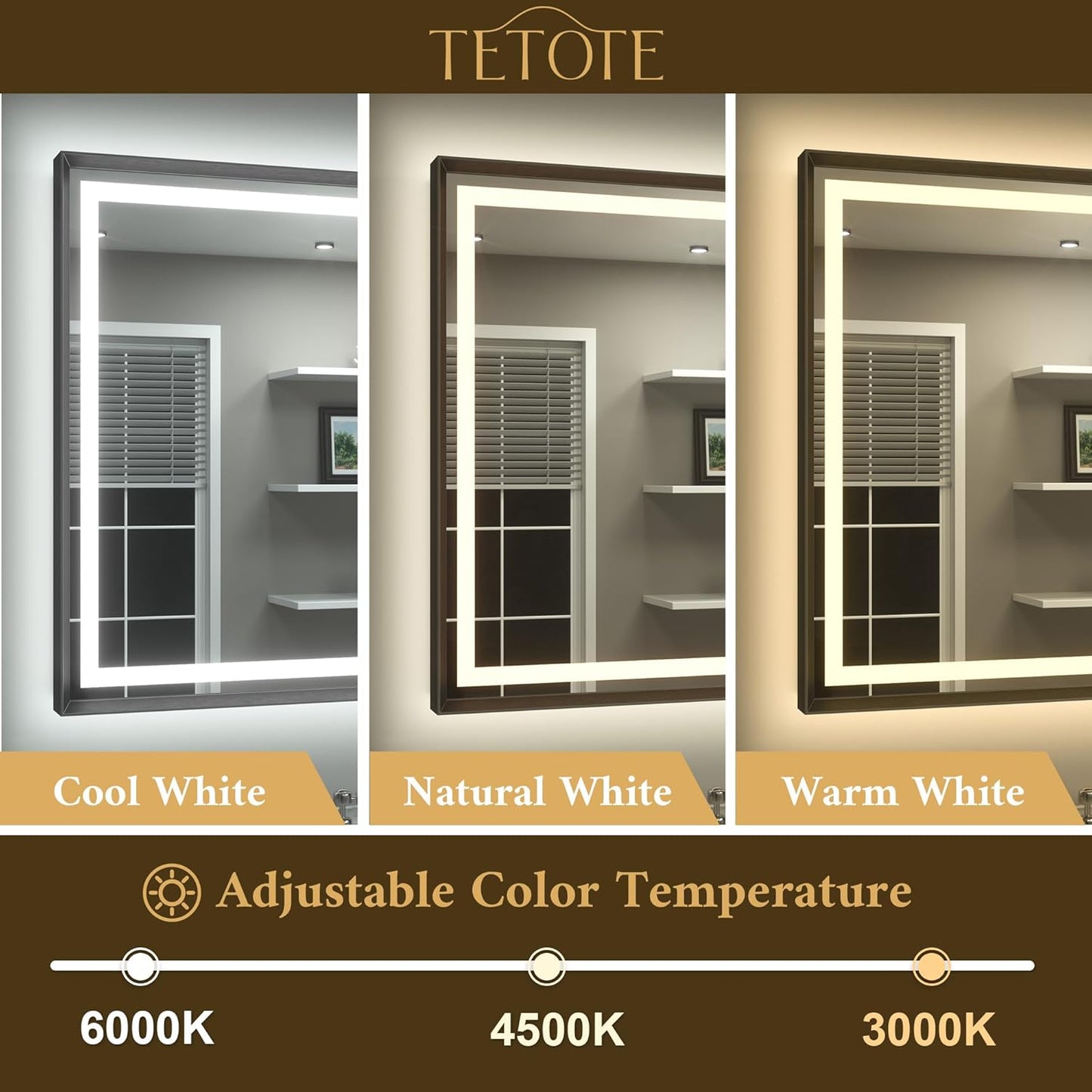 TETOTE 55 x 36 Bathroom LED Mirror Brushed Black Metal Frame Frontlit & Backlit Vanity Mirror Stepless Dimmable Anti-Fog 3 Colors White/Warm/Natural Light up Vanity Wall-Mounted