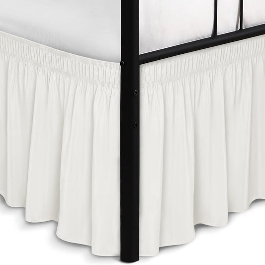 Biscaynebay Wrap Around Bed Skirts with Split Corners for King Beds 17" Drop, Ivory Elastic Dust Ruffles Easy Fit Wrinkle & Fade Resistant Silky Luxurious Fabric Solid Machine Washable