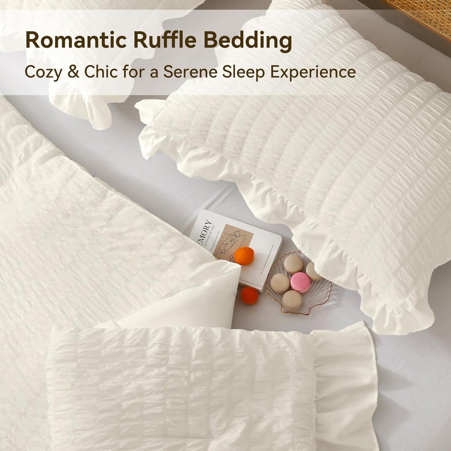JOLLYVOGUE Ivory Comforter Full Size, 3 Pieces Seersucker Lightweight Full Size Bedding, All Season Fluffy Microfiber Bedding Comforter Set with 1 Ruffle Comforter and 2 Ruffle Pillowshams