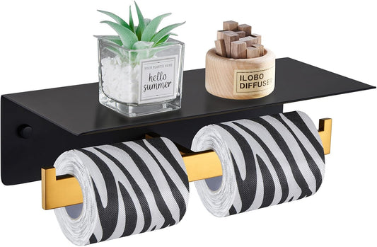 Angle Simple Double Toilet Paper Holder with Shelf, 304 Stainless Steel Bathroom Toilet Tissue Roll Holder for Wall Black and Gold