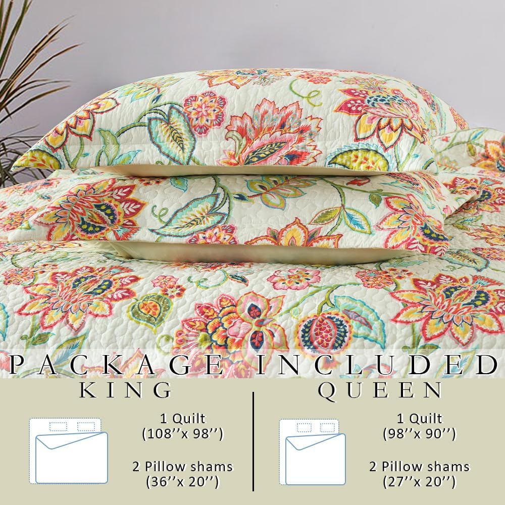 Cotton Bedspread Bedding Coverlet Quilt Sets, Reversible Vintage Branch Floral Bedspread comforters,(Vintage Floral White Pattern, King Size)