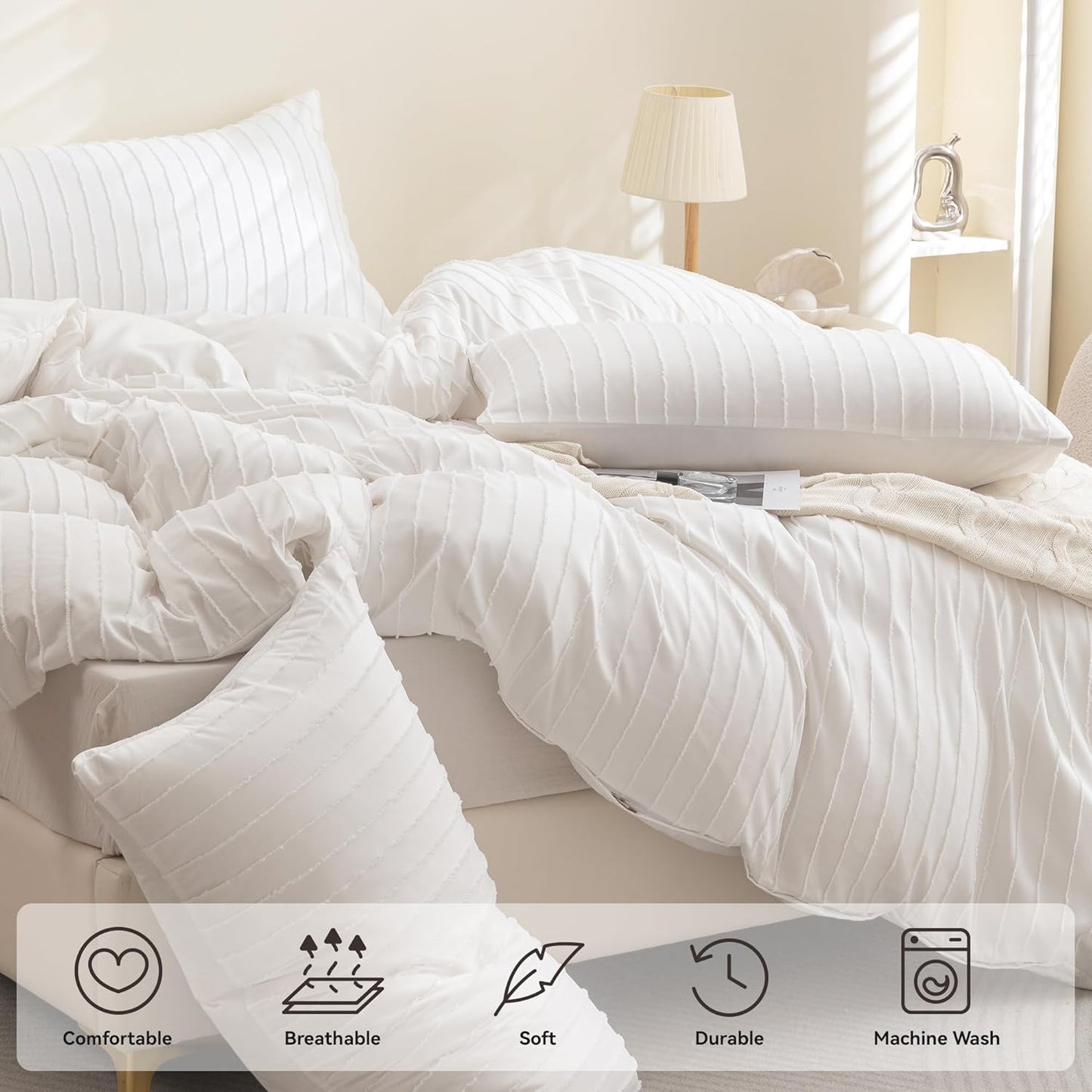 JELLYMONI Duvet Cover Queen Size White - 3PCS Boho Striped Duvet Cover Set Polyester Tufted Bohemian Textured Comforter Cover 90×90in with Corner Ties & Zipper and 2 Pillowcases
