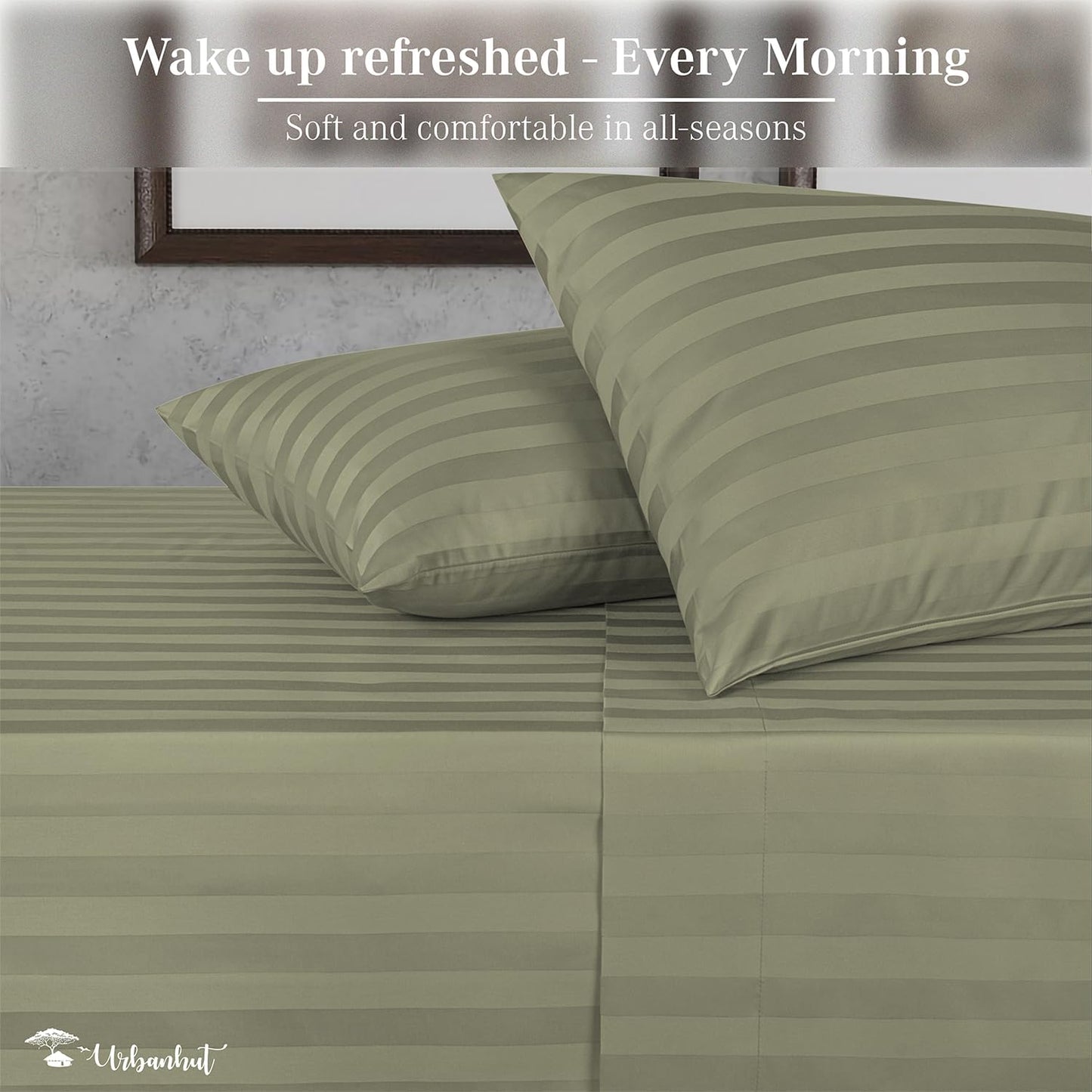URBANHUT 1000 Thread Count Damask Striped King Size Egyptian Cotton Sheets, Long Staple Soft & Breathable, 4 Pc Bed Sheet Sets, Luxury Hotel Sateen Sheets Fits 16" Deep Pocket - Sage