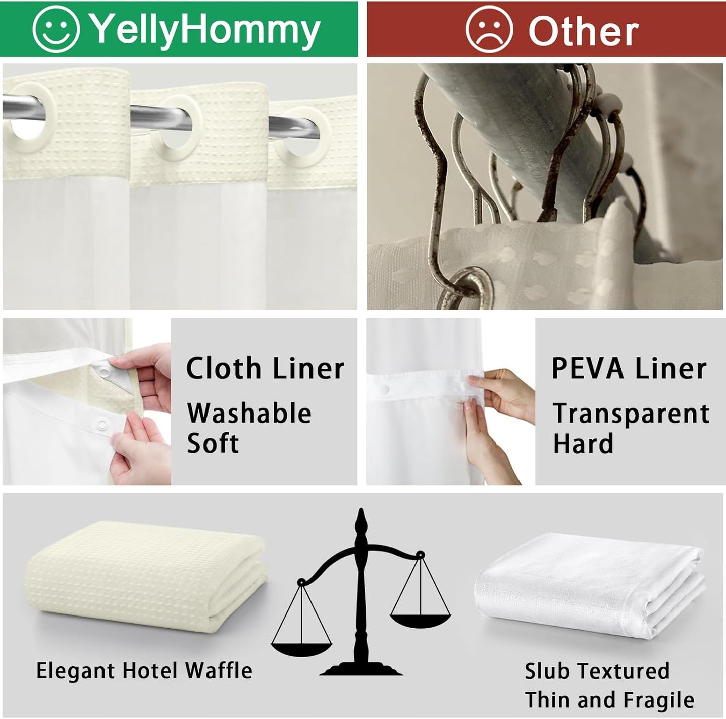 YellyHommy No Hook Shower Curtain with Snap in Liner Set Less Waffle Shower Curtain for Bathroom (Cream, 81" L x 72" W)