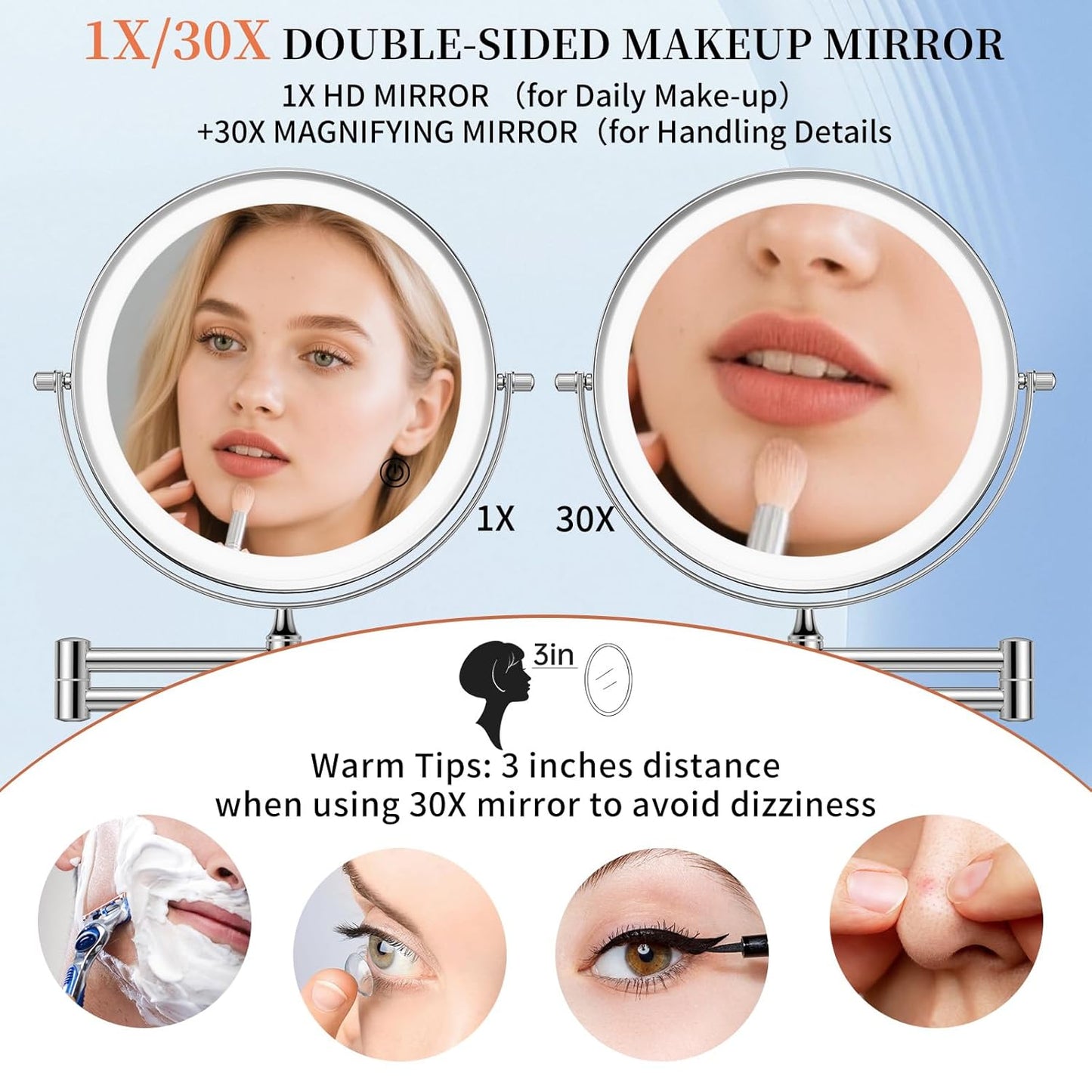 FUNTOUCH 9" 30X/1X Magnifying Wall Mounted Makeup Mirror, 4500mAh Rechargeable Double Sided Mirror with Light, 3 Color Lights,Touch Dimmable, 360 Rotation Extended Arm for Bathroom,Chrome