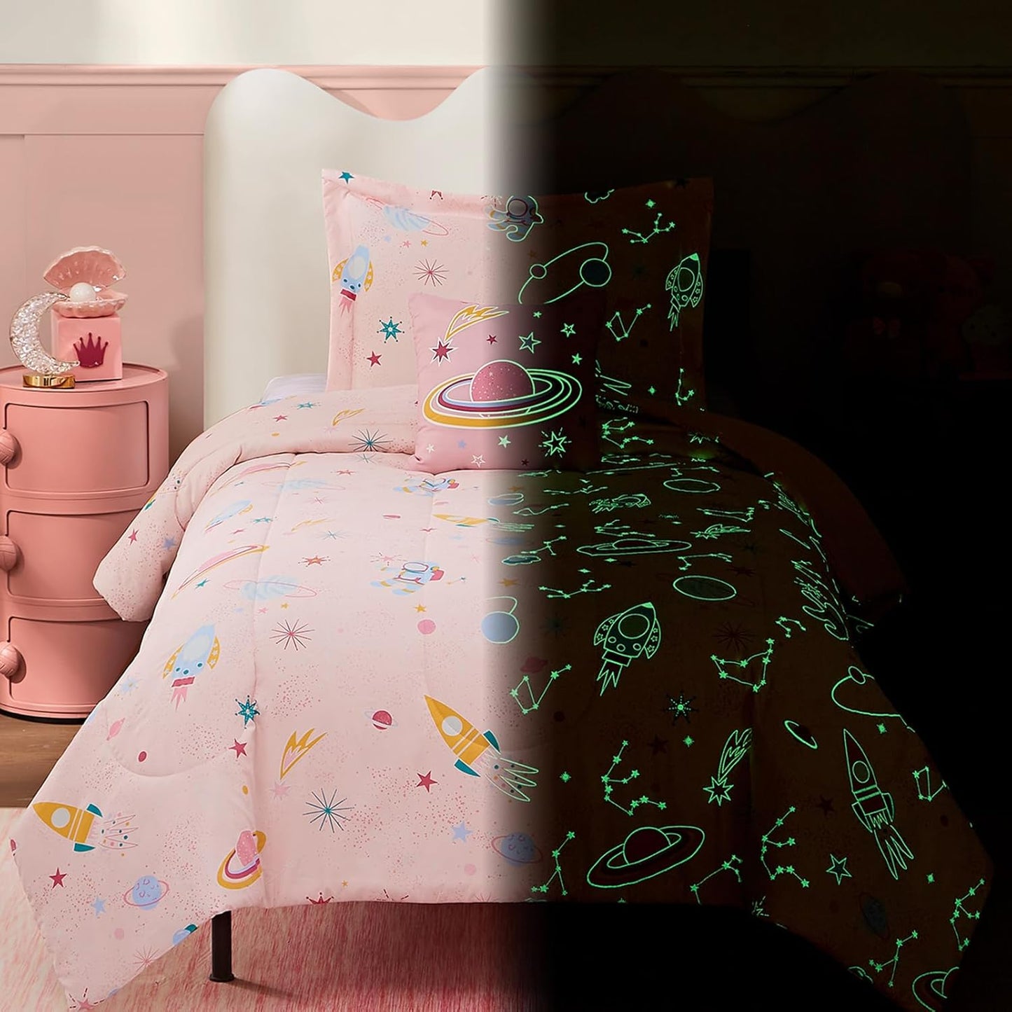 Twin Comforter Set for Girls-3 Pieces Space Glow in The Dark Twin Bedding Sets for Kids,1 Comforter,1 Sham and 1 Decor Pillow