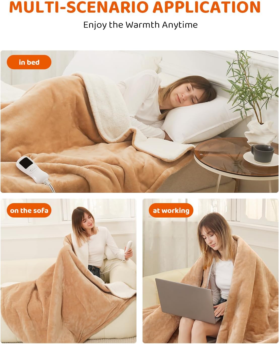 Electric Heated Blanke Throw Size, Super Soft Cozy Upgraded Flannel Heating Blanket with 9 Heating Levels & 1-9 Hours Auto Off, Fast Heat & Overheat Protection, 50" x 60", Khaki