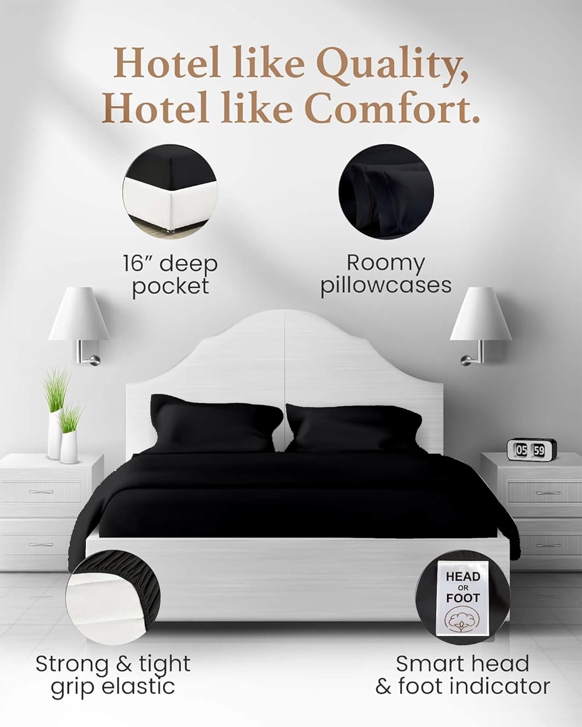 Good Sleep Bedding King Size Sheets Set Deep Pockets - 4 Pc, King Sheet Set, 100% Egyptian Cotton Bedsheets King Size Bed, Soft & Breathable King Size Sheets, FIts Upto 16 Inch - Black