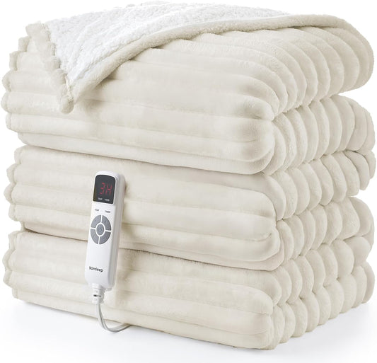 Hansleep Heated Blanket Electrci Blanket Throw, Heating Blanket with 9 Heating Levels and 10-Hour Timer Auto Shut Off, Washable Soft Warm Winter Blanket, 50 x 60 Inches, Beige