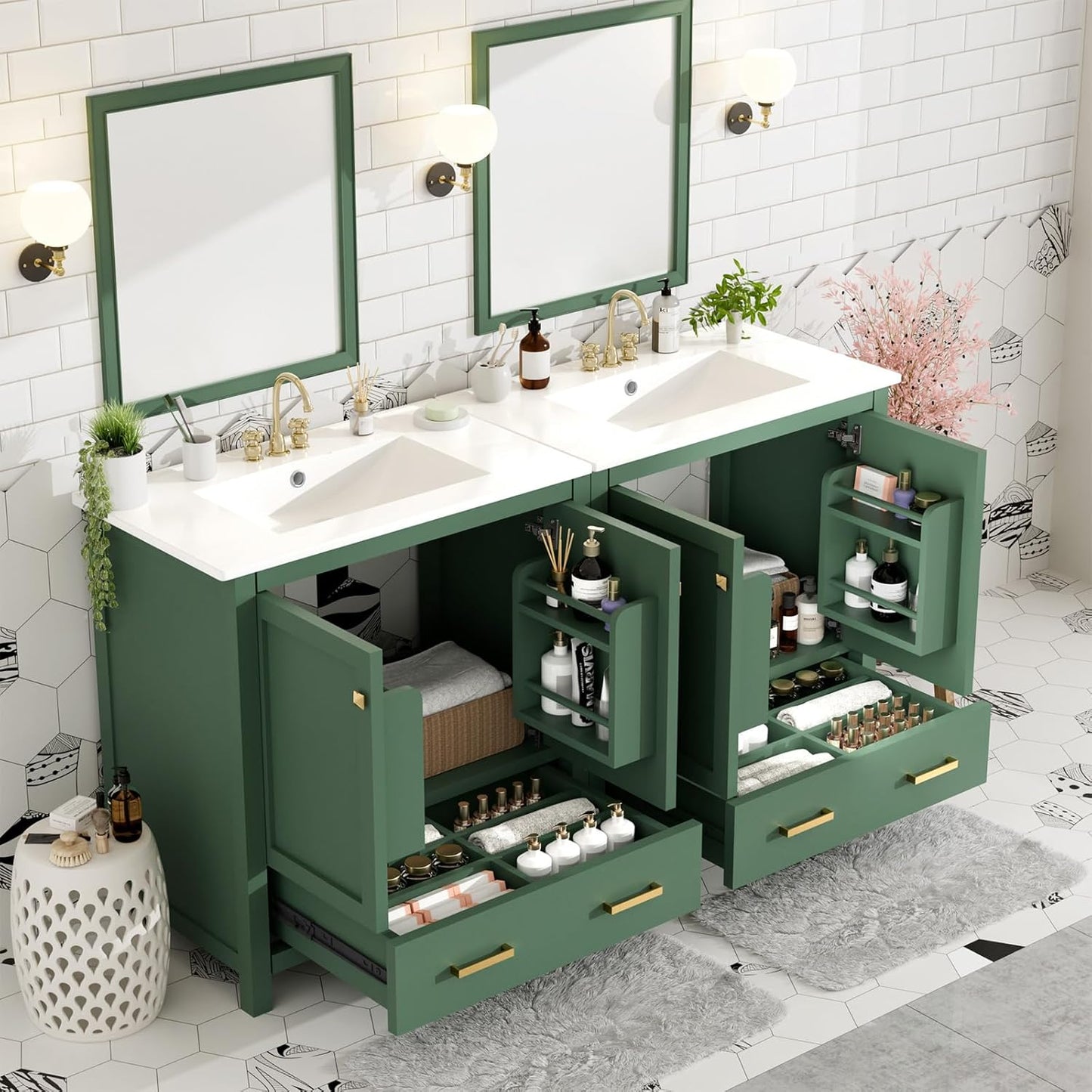 60" Bathroom Vanity Set with Double Vanities, Double Ceramic Sinks, Storage Shelf, Soft Closing Doors, Divided Drawers (Mirror not Included), Large Bathroom Vanity Sink Set (Green)