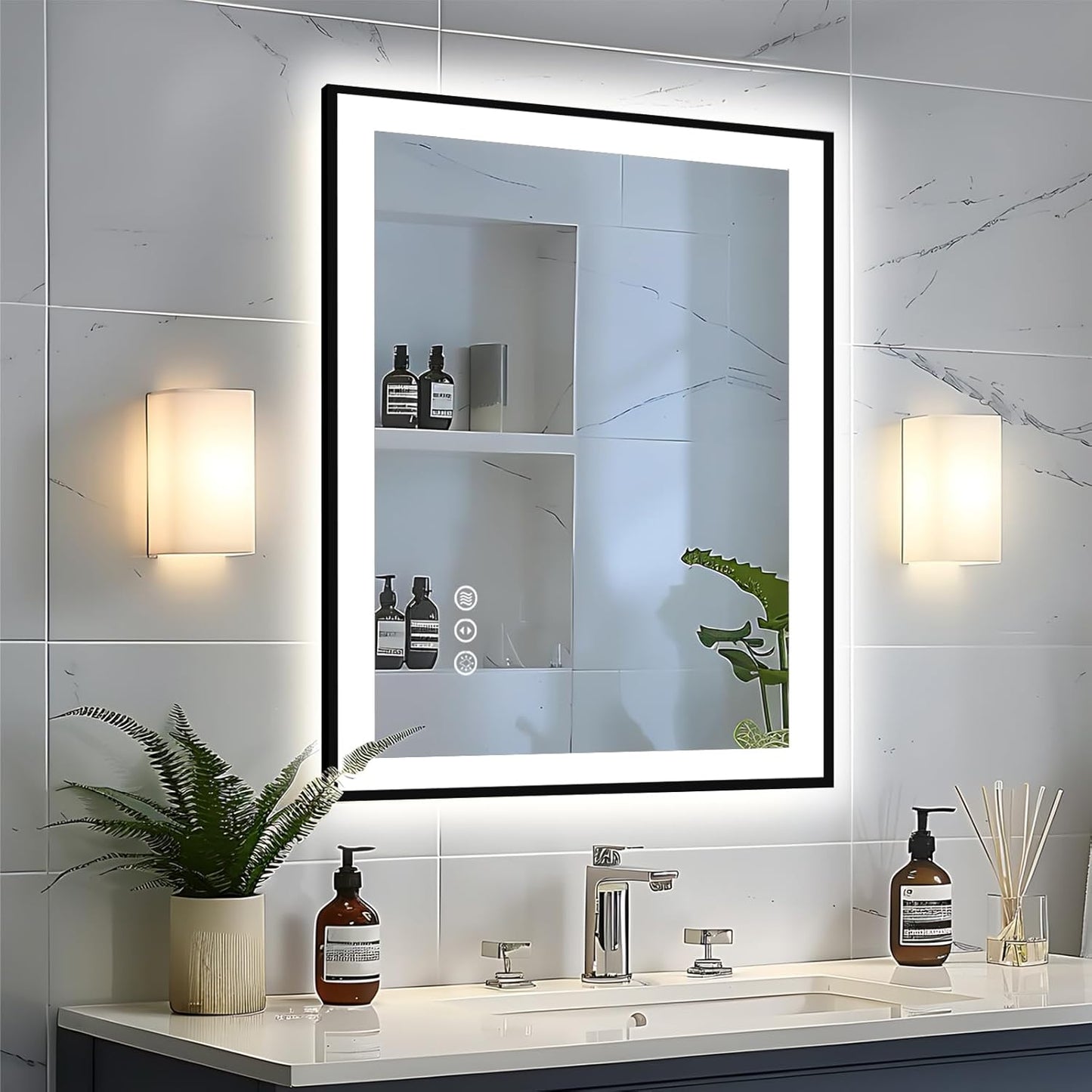 28x32 LED Bathroom Mirror - Black Aluminum Framed, Front & Backlit, Anti-Fog, Dimmable, Plugin/Hardwired