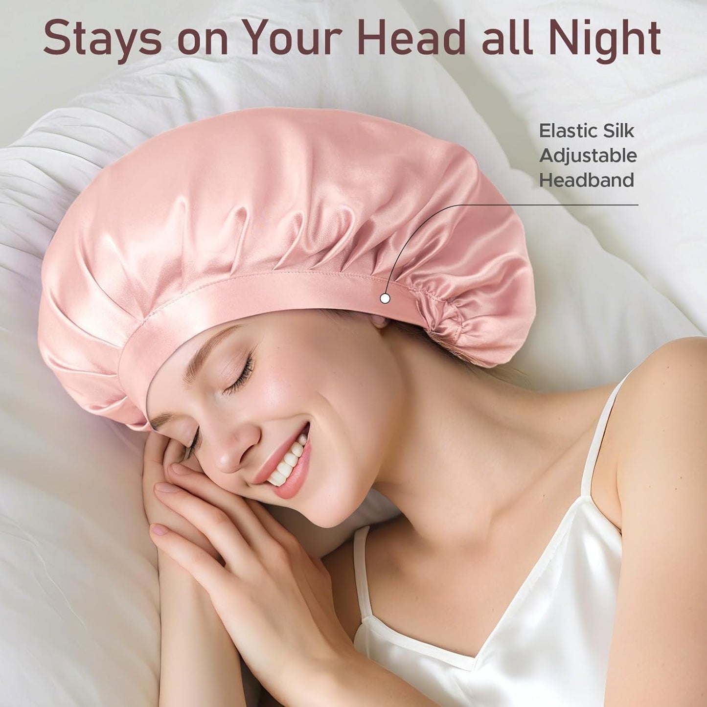 LitBear 100% Mulberry Silk Bonnet for Sleeping Women, 22 Momme Silk Hair Wrap with Elastic Band for Natural Curly Hair Long Short, Non-Slip Night Cap Reduce Friction Pink