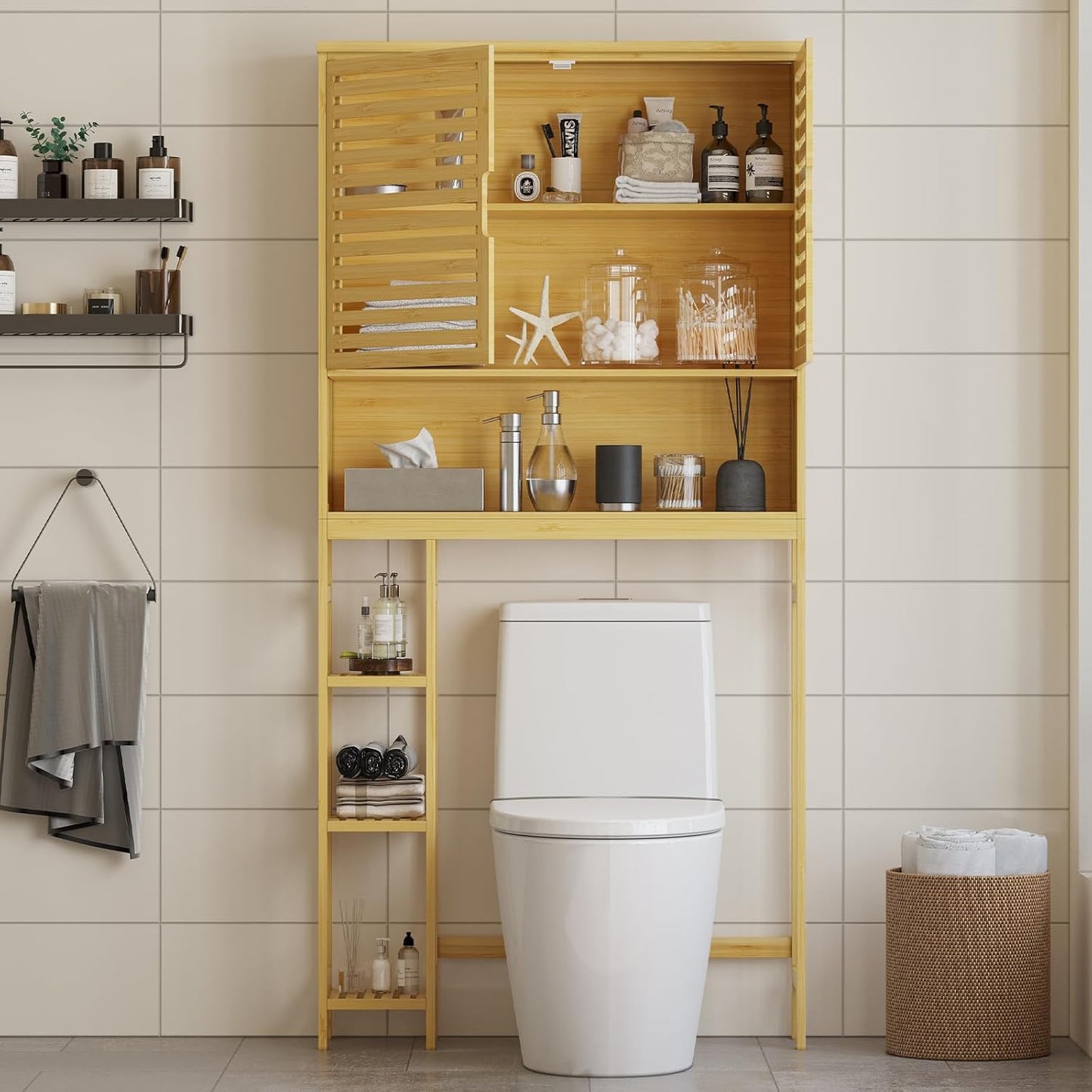 Over The Toilet Storage Cabinet, Bamboo Storage Cabinet Over Toilet with Double Doors & Open Shelves, Freestanding Toilet Shelf Space Saver with Anti-Tip Design, Natural